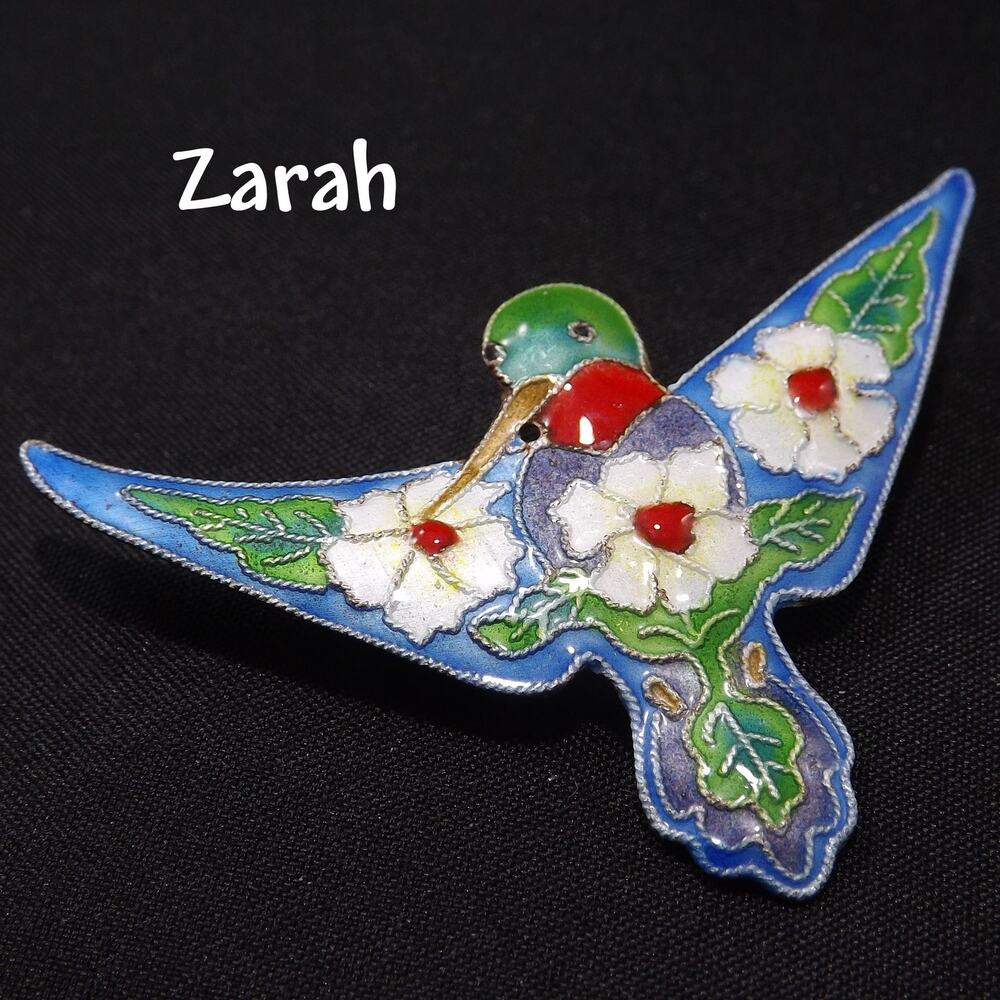 Vintage Zarah Sterling Silver Enamel Hummingbird Floral Brooch